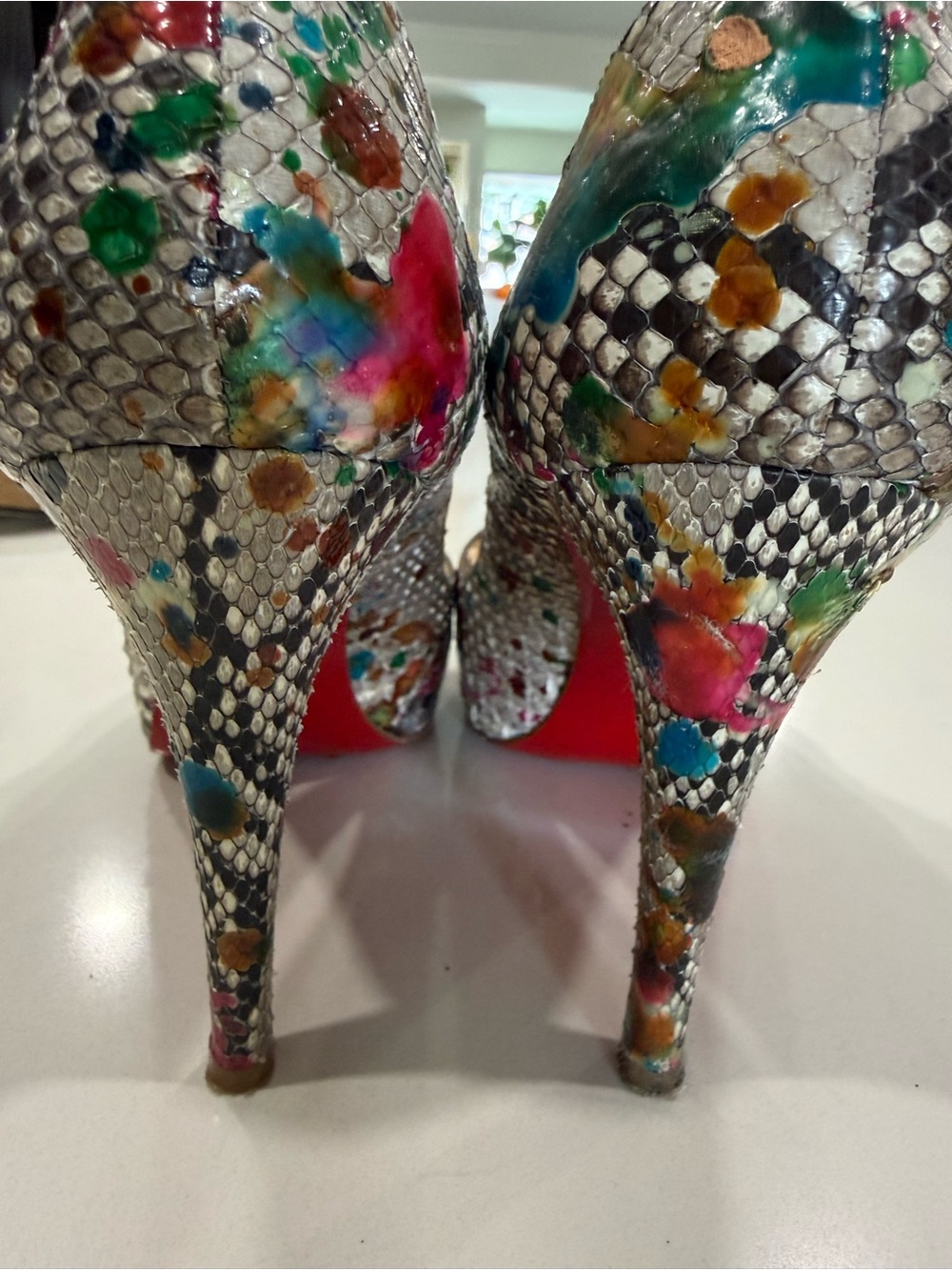 Christian Louboutin Multicolor Snakeskin Peep-Toe Pumps with Bright Accents - Picture 5 of 8